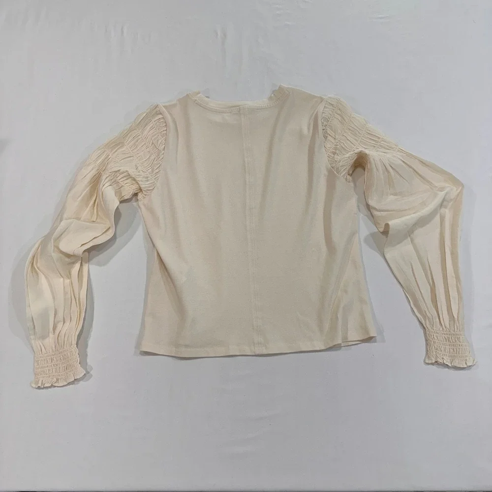 Madewell Smocked Puff Sleeve Mixed‎ Media Top Womens XS Cream Silk Blend | Boho